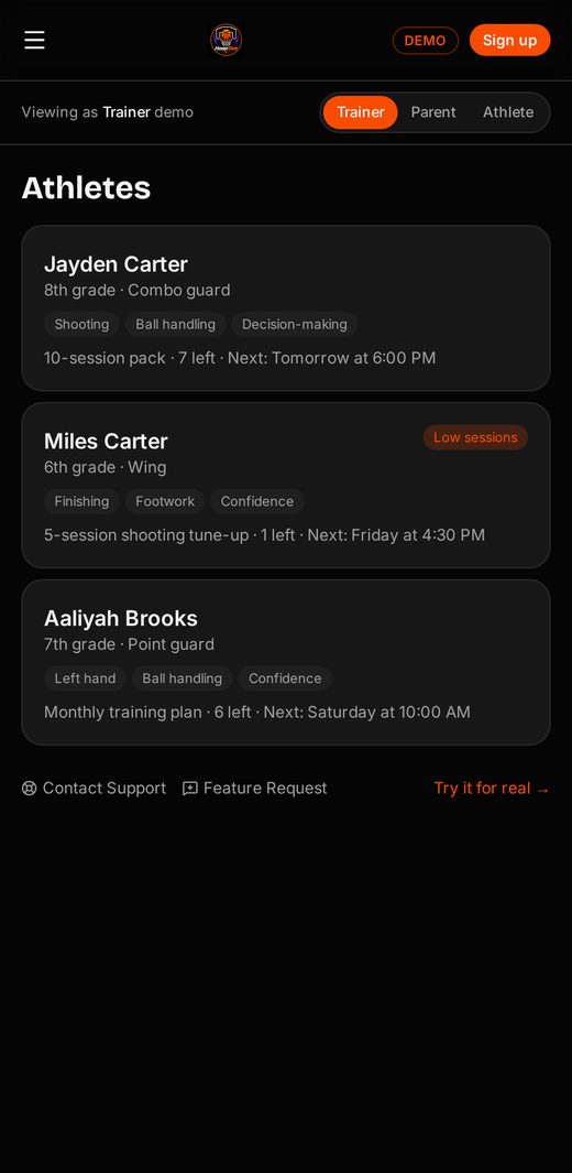 HoopSlot athlete list with basketball trainees and family connections