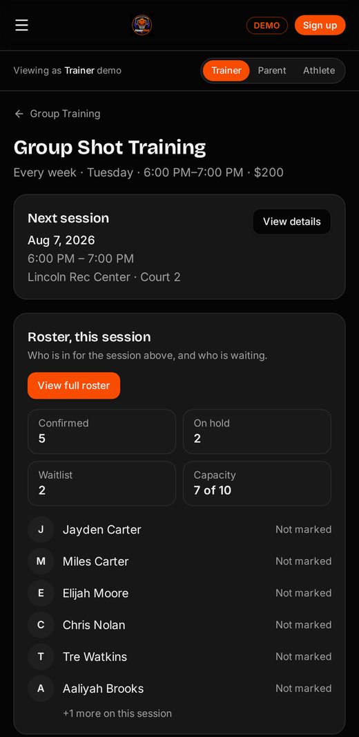 HoopSlot group training overview with session details, capacity, and roster counts