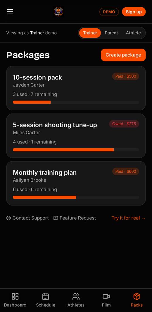 HoopSlot training packages showing used and remaining sessions