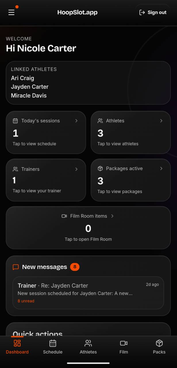 HoopSlot parent dashboard with linked athletes, schedules, packages, and messages