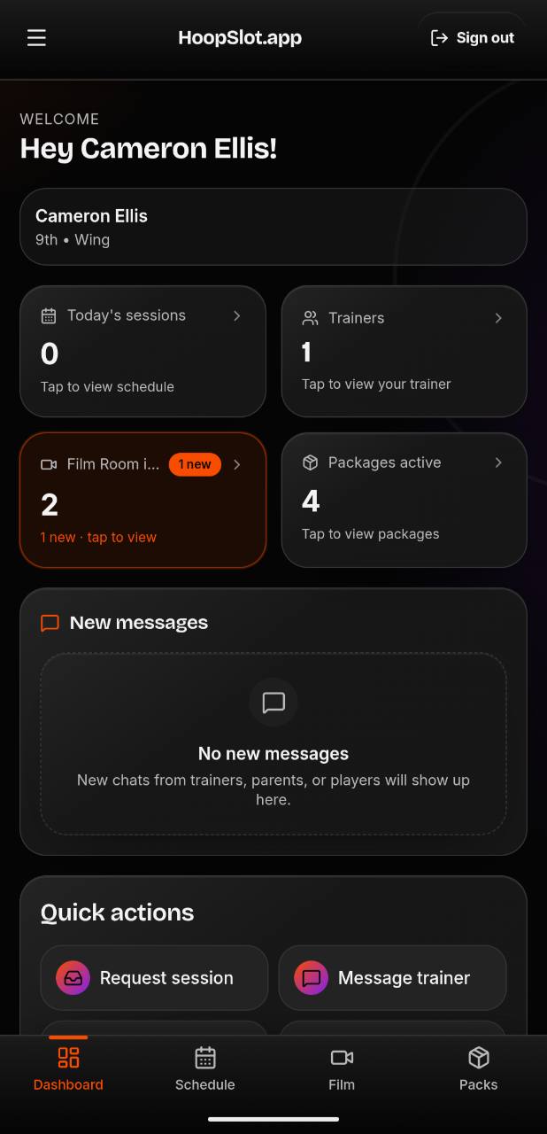 HoopSlot player dashboard with sessions, trainer, Film Room, packages, and messages