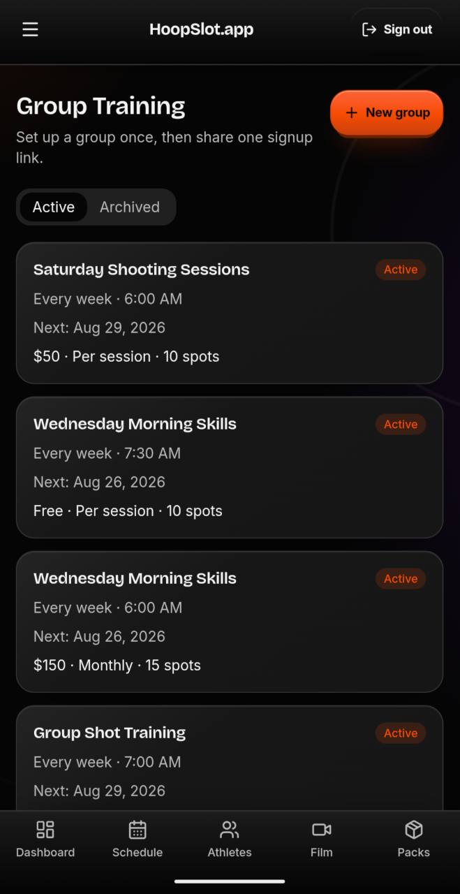 HoopSlot trainer group training dashboard with active basketball training groups