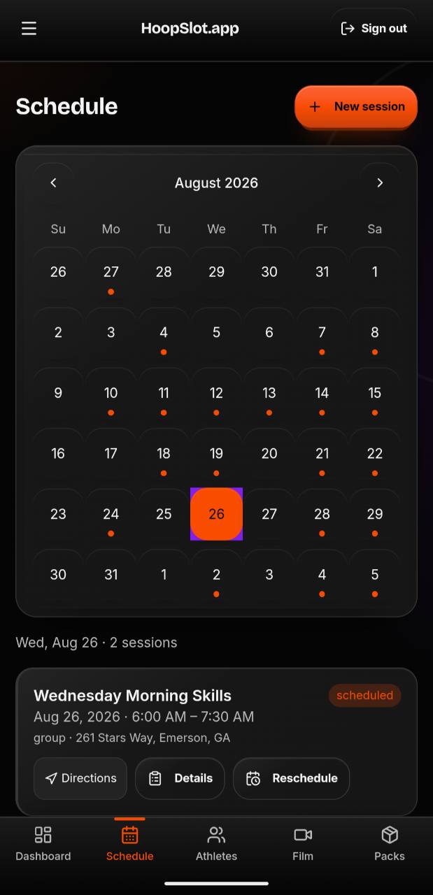 HoopSlot schedule with upcoming basketball training sessions
